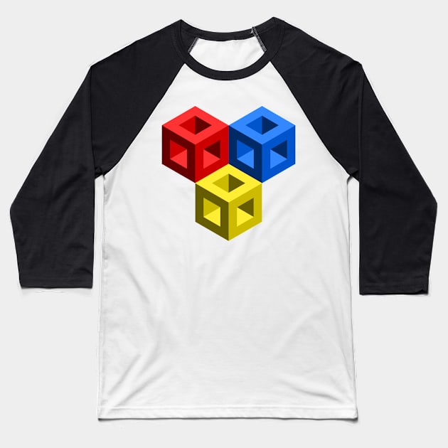 Primary Colors Optical Illusion Cubes Baseball T-Shirt by BowTy Productions